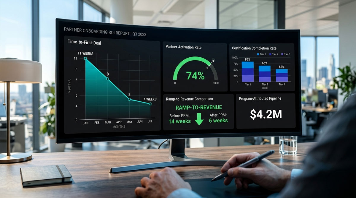 PRM onboarding software ROI analytics dashboard showing time-to-first-deal trend, activation rate, and partner pipeline metrics.