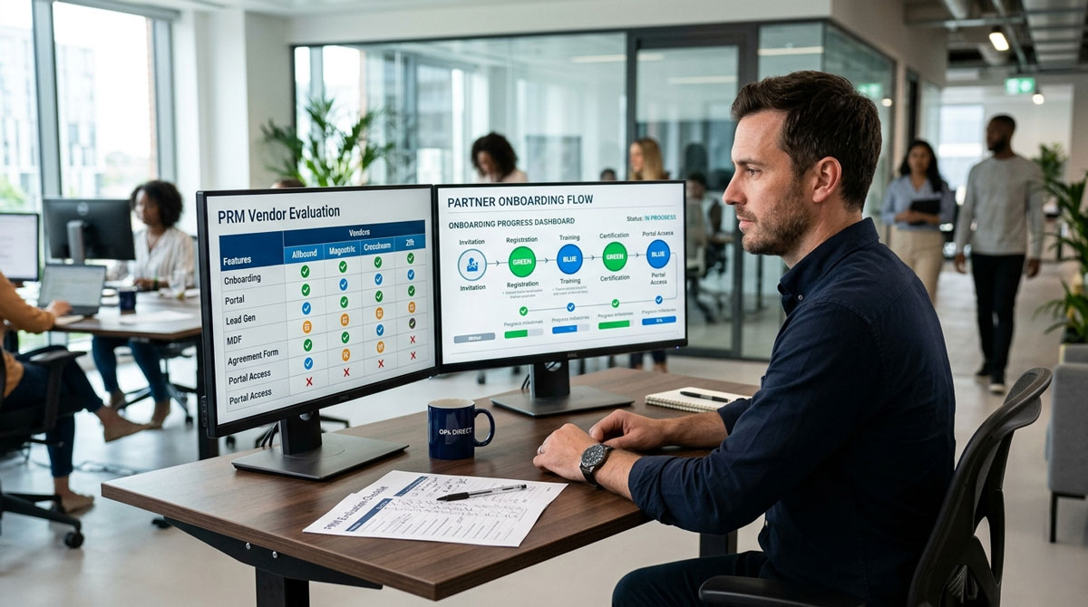 Channel operations director evaluating PRM onboarding software vendor comparison matrix on dual monitors at his desk.