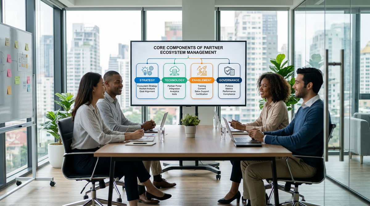 Diagram showing the core components of partner ecosystem management: strategy, technology, enablement, and governance.