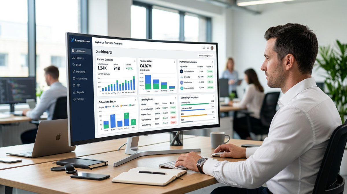 A screenshot of a unified partner management software dashboard, showing various modules.