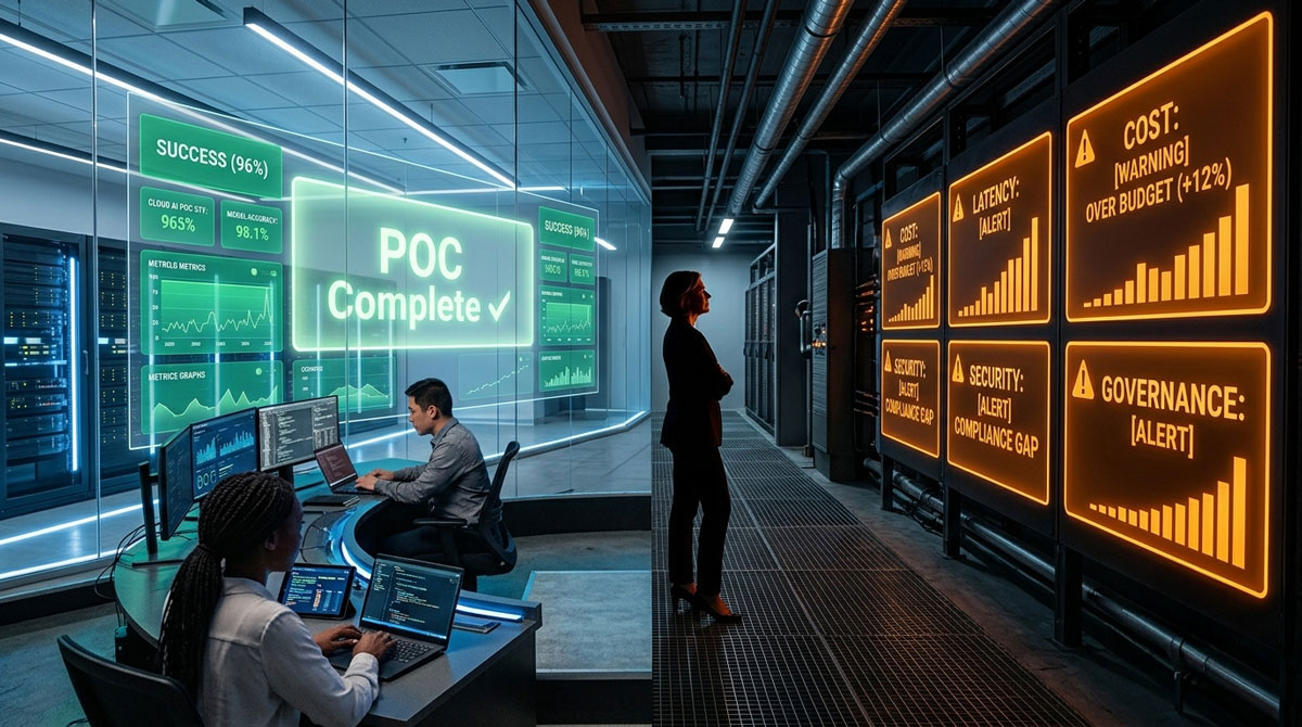 Split-scene showing a successful AI proof of concept transitioning to four partner enablement software deployment barriers — cost, latency, security, and governance.