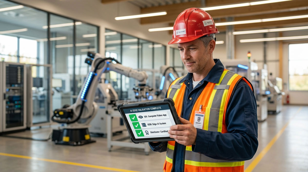 Channel partner engineer using partner enablement software to deploy a validated edge AI solution bundle on an industrial factory floor.
