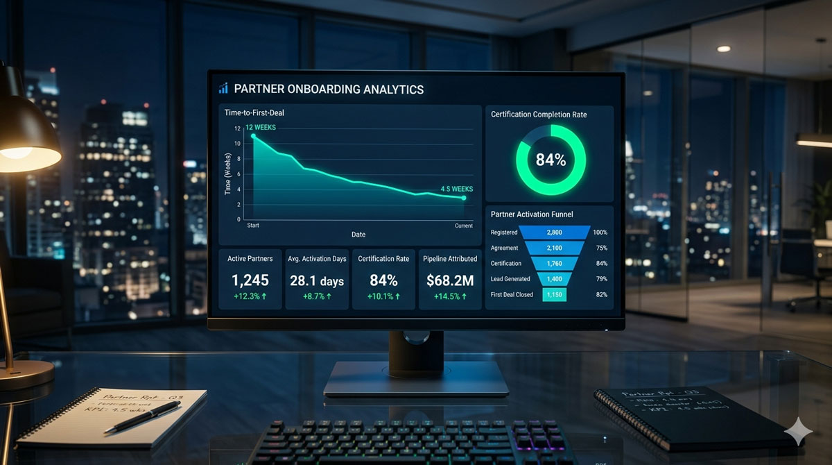 Partner onboarding analytics dashboard showing time-to-first-deal trend, certification completion rate, and pipeline attribution metrics