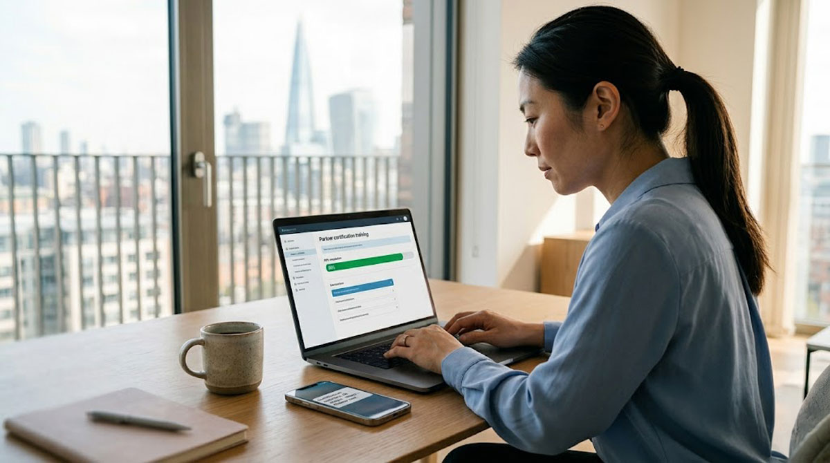 A photo-realistic close-up of a business professional in their late 30s, business casual attire, sitting at a clean home office desk with natural window light. They are focused on a laptop screen displaying a partner certification training module with a progress bar at 85%, a video lesson interface, and a blue 