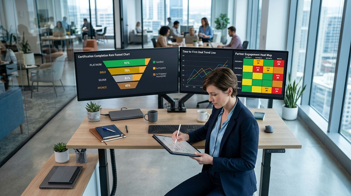 A photo-realistic overhead-angle shot of a female channel program manager in her early 40s sitting at a standing desk in a modern open-plan technology office. Two large monitors display a dark-themed partner analytics dashboard: the left screen shows a certification completion rate funnel chart with green and amber bars by partner tier, and the right screen shows a time-to-first-deal trend line and a partner engagement heat map with color-coded risk flags. She is annotating notes on a tablet with a stylus.