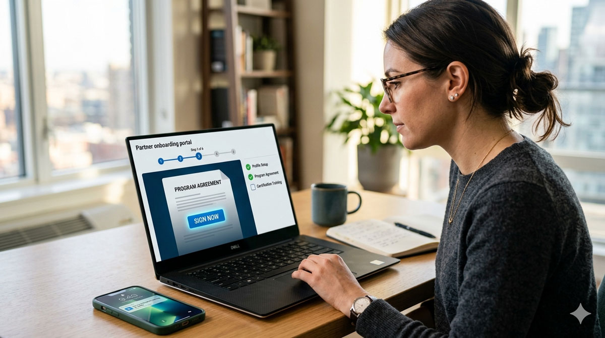 Business professional completing a digital partner onboarding portal with e-signature and certification training notification on laptop