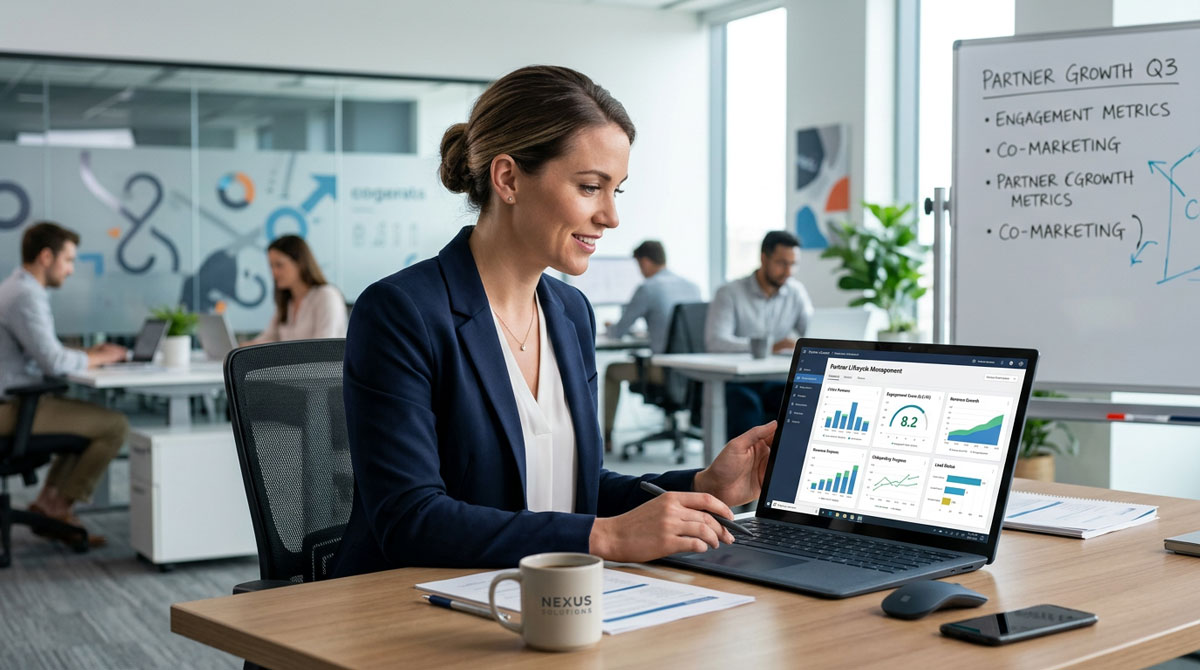 A channel manager reviewing partner engagement metrics on a laptop, using channel management software.