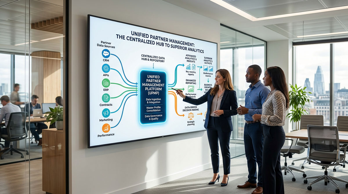 A flow chart diagram illustrating how unified partner management serves as a centralized hub for all partner data, leading to superior analytics.
