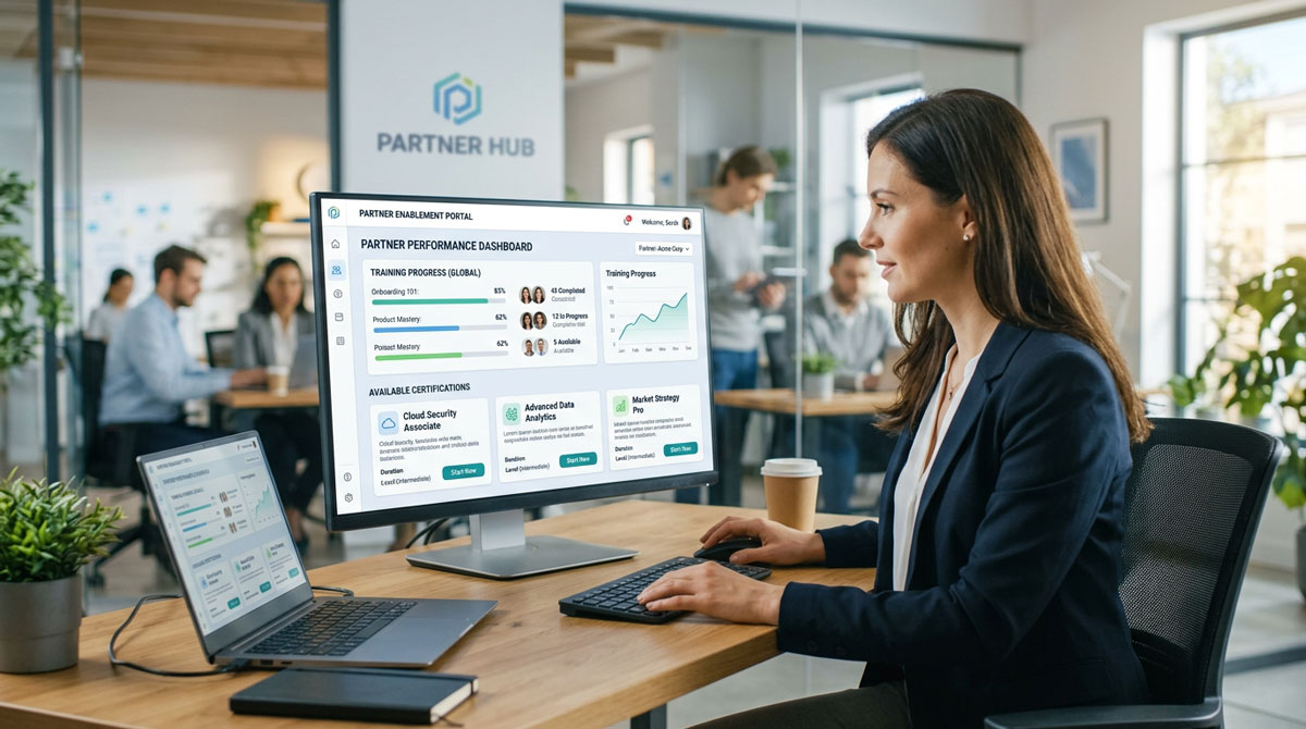 The user interface of a partner enablement software platform, displaying partner training progress and available certifications.