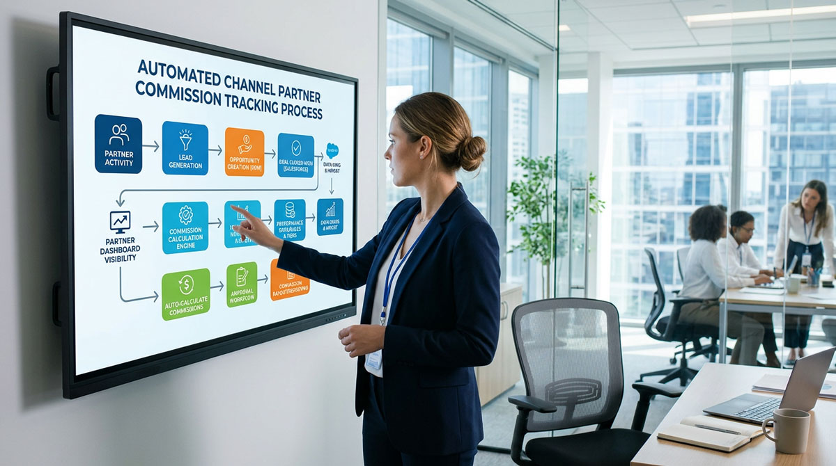 A flowchart illustrating the automated process of channel partner commission tracking within a PRM software.
