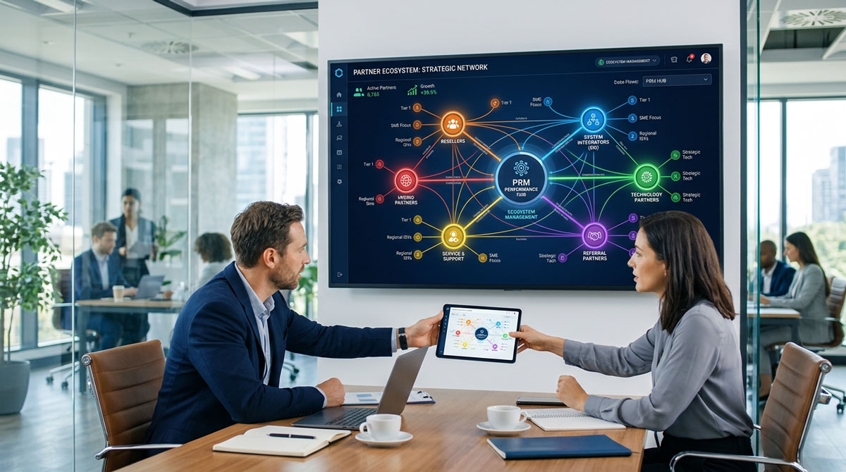 A network diagram showing the interconnectedness of different partner types in a partner ecosystem managed by PRM software.