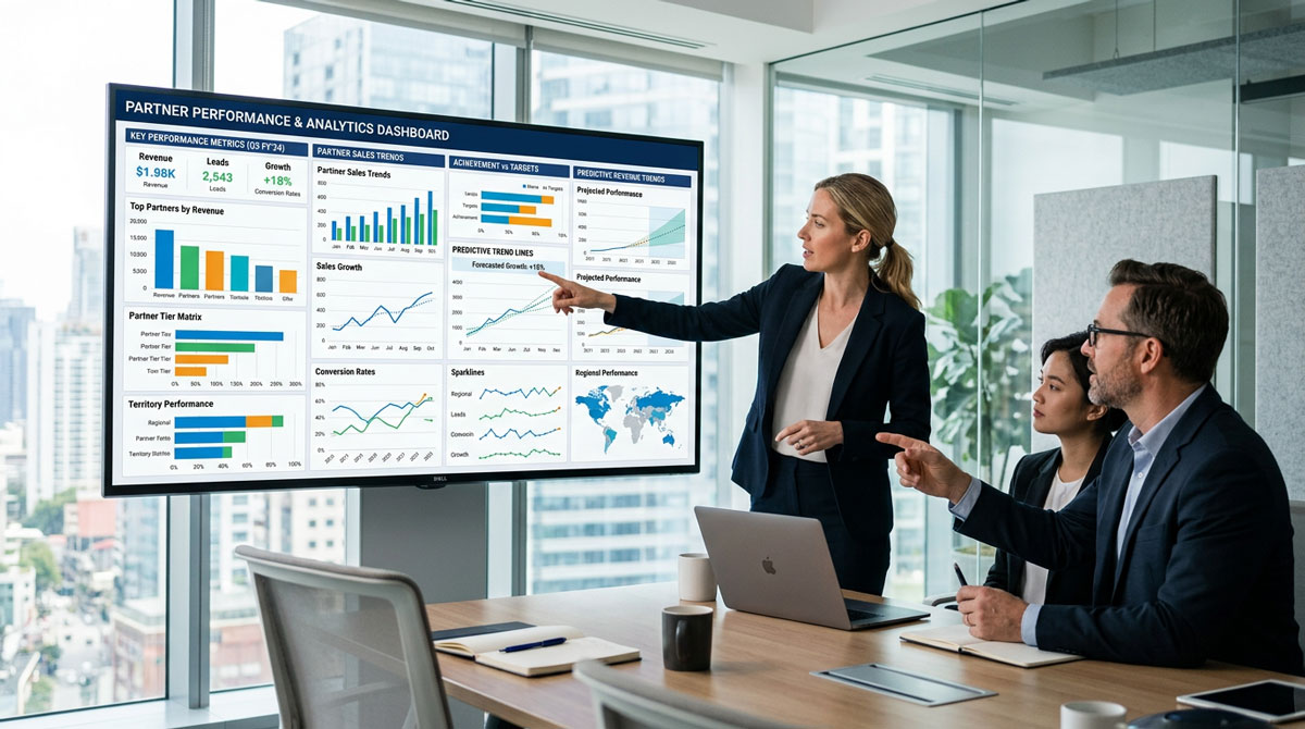 A dashboard with various charts and graphs displaying partner performance analytics and predictive trend lines.