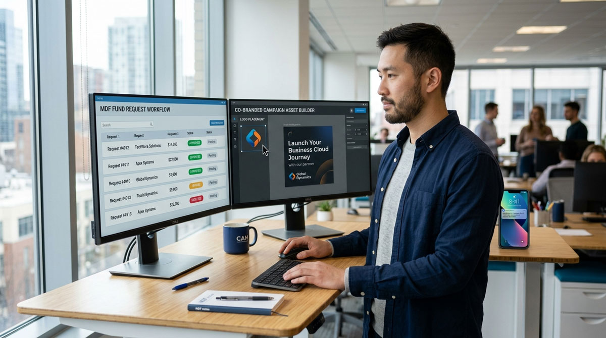A photo-realistic close-up of a channel account manager in business casual attire working at a clean standing desk with two monitors. The left screen shows an MDF fund request approval workflow with green approval status badges, fund amounts, and partner company names. The right screen shows a co-branded campaign asset builder with a logo placement tool. A smartphone on the desk shows a push notification about a fund approval.