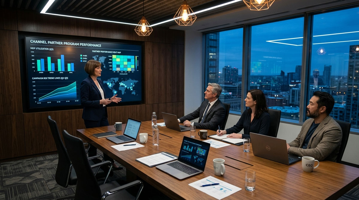 A photo-realistic, cinematic overhead shot of a large boardroom table where a channel marketing director is presenting partner program ROI data to three executives. A large wall-mounted 4K screen behind them shows a dark-themed analytics dashboard with MDF utilization bar charts, partner performance heat maps, campaign ROI trend lines in teal and blue, and a world map showing active partner regions highlighted in glowing dots.