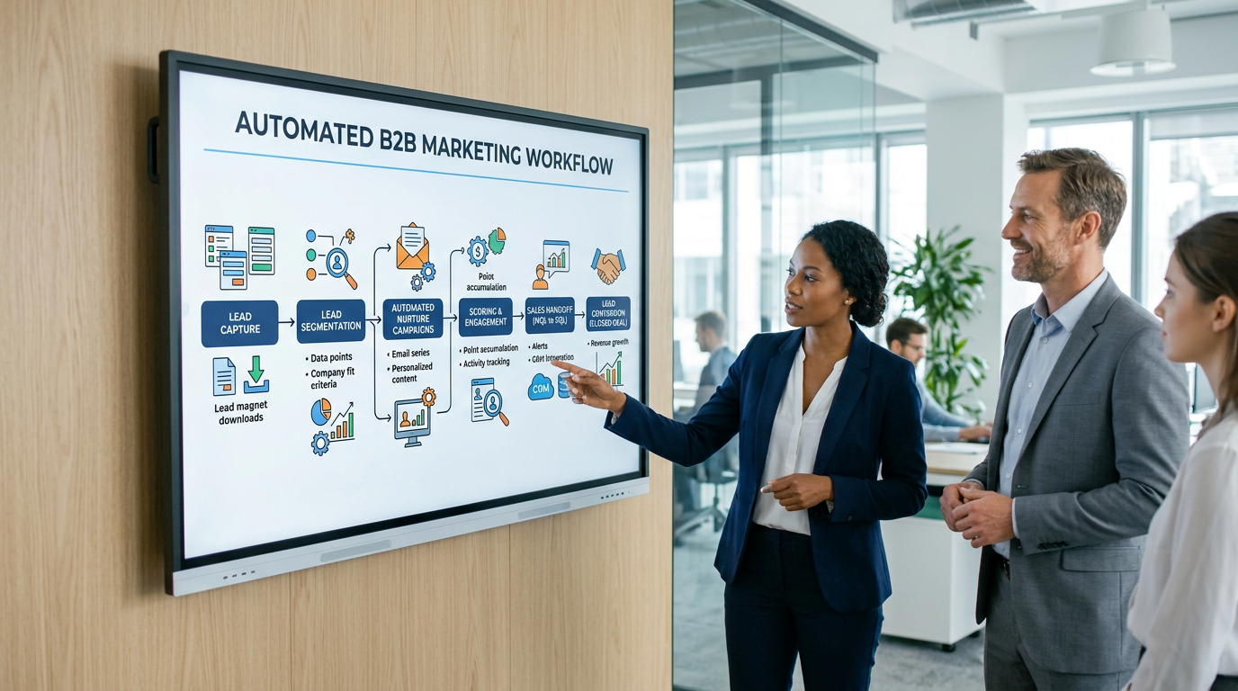 A flowchart illustrating an automated B2B marketing workflow from lead capture to conversion