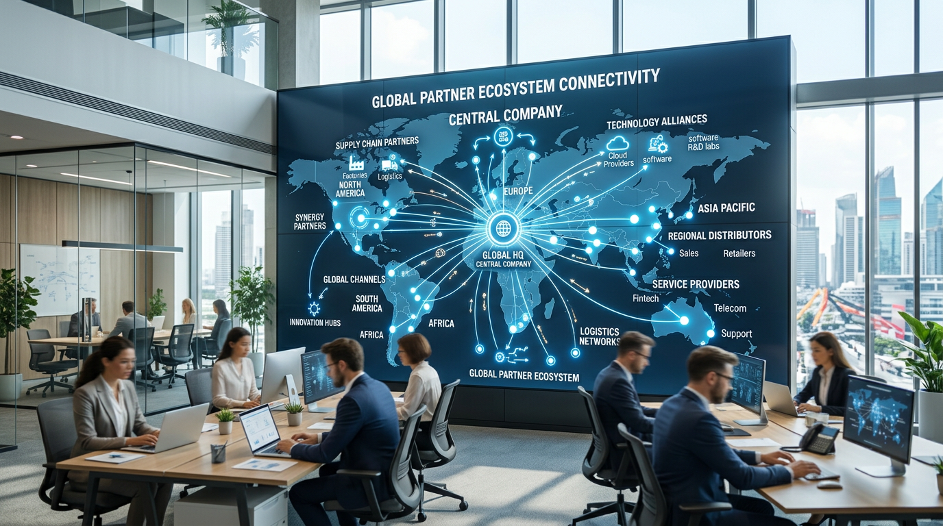 A network diagram showing how a central company connects with its diverse global partner ecosystem