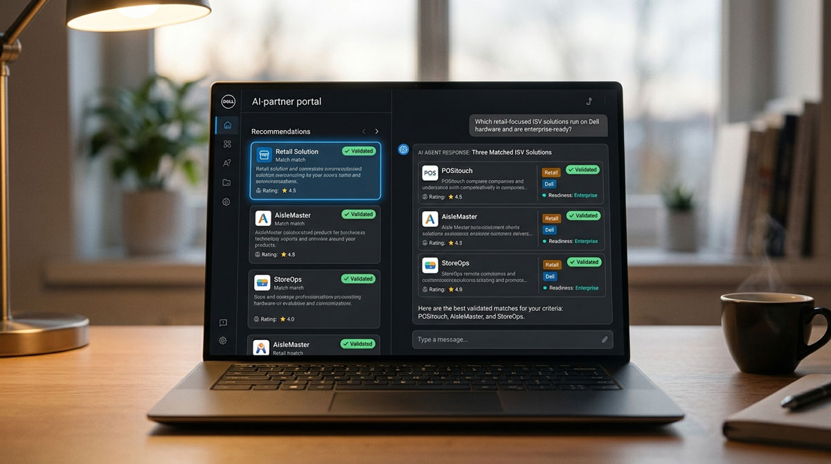AI-powered unified partner management portal answering a partner's retail ISV and hardware matching question through an intelligent agent interface.