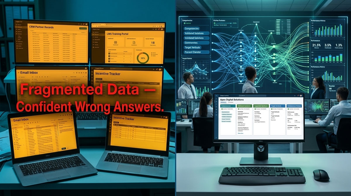 Split-panel comparing fragmented partner data producing wrong AI matches versus a clean unified partner management record enabling accurate ecosystem matching.