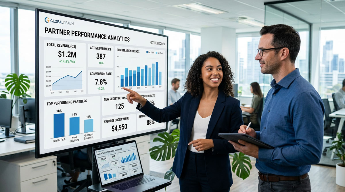Dashboard showing partner performance analytics with graphs and KPIs.