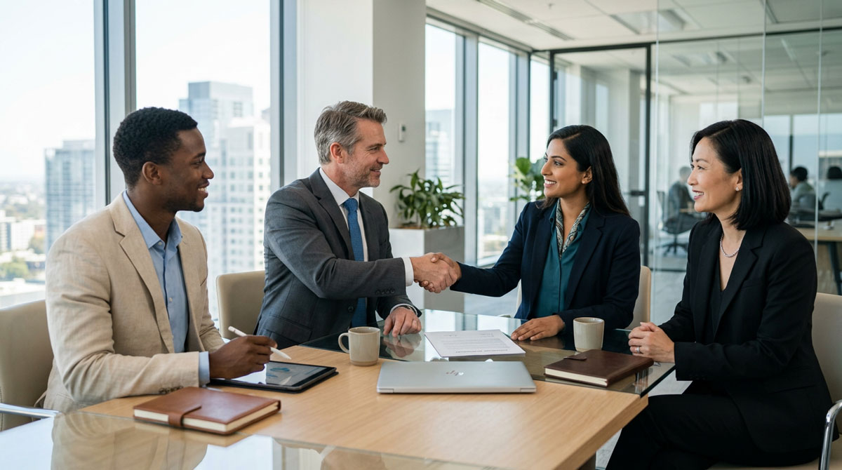 A diverse group of business partners shaking hands, symbolizing successful partner relationship management.