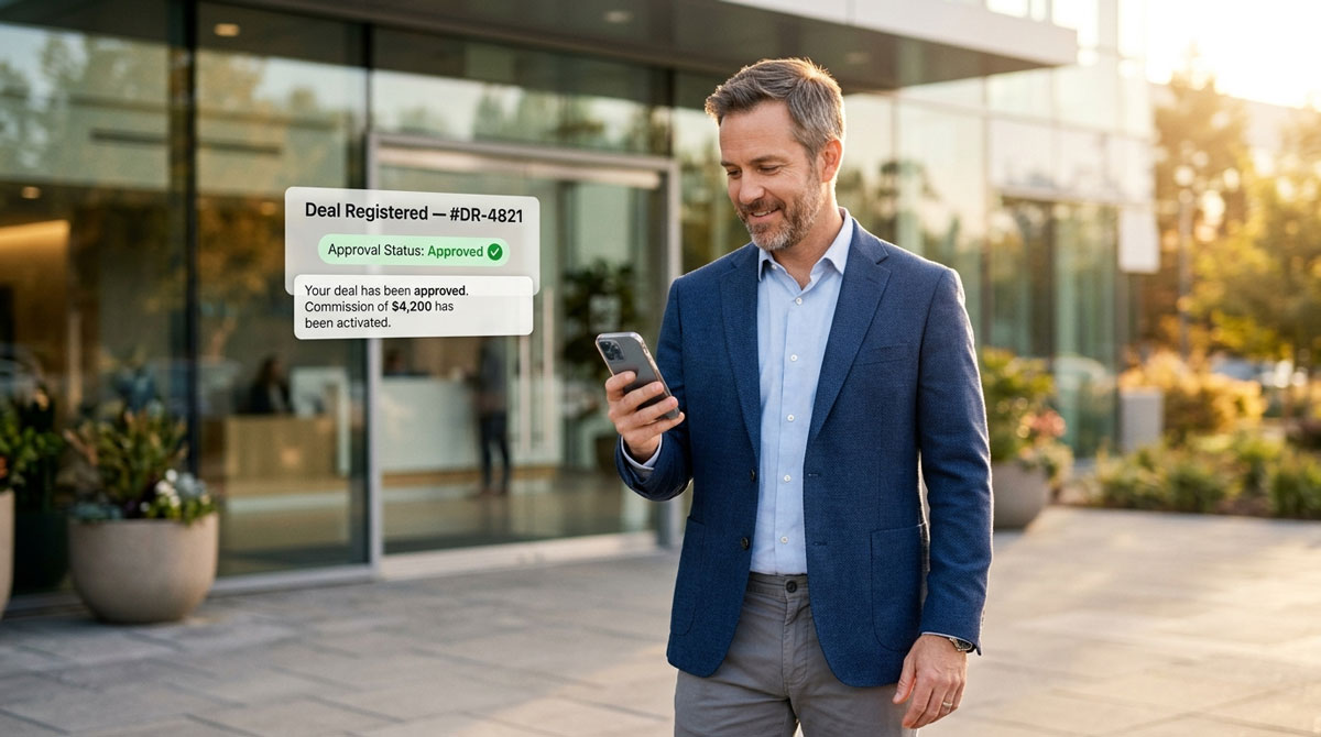 Channel partner receiving a deal registration automation approval notification on a mobile PRM portal after a customer meeting.