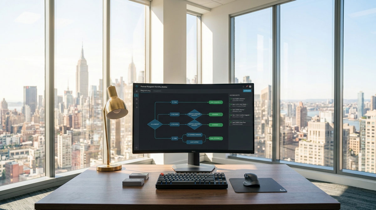 Best PRM for deal registration automation showing drag-and-drop approval routing rules and real-time partner notification alerts on a dark-mode dashboard.