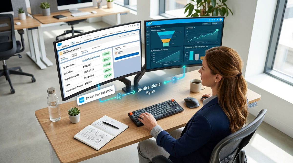Deal registration automation bi-directional CRM sync between ZINFI PRM partner portal and Salesforce opportunity pipeline on dual-monitor workstation.