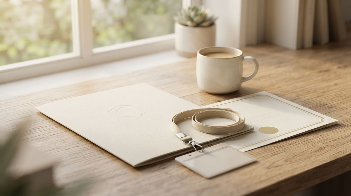Partner welcome kit with certificate and branded folder on a sunlit desk, representing channel partner management onboarding.