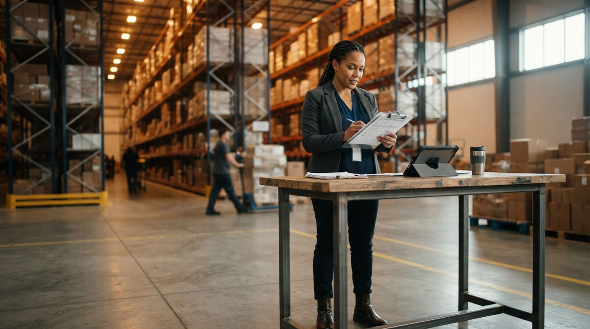 Channel manager reviewing reseller distribution details on a clipboard in a warehouse, a channel partner management task.