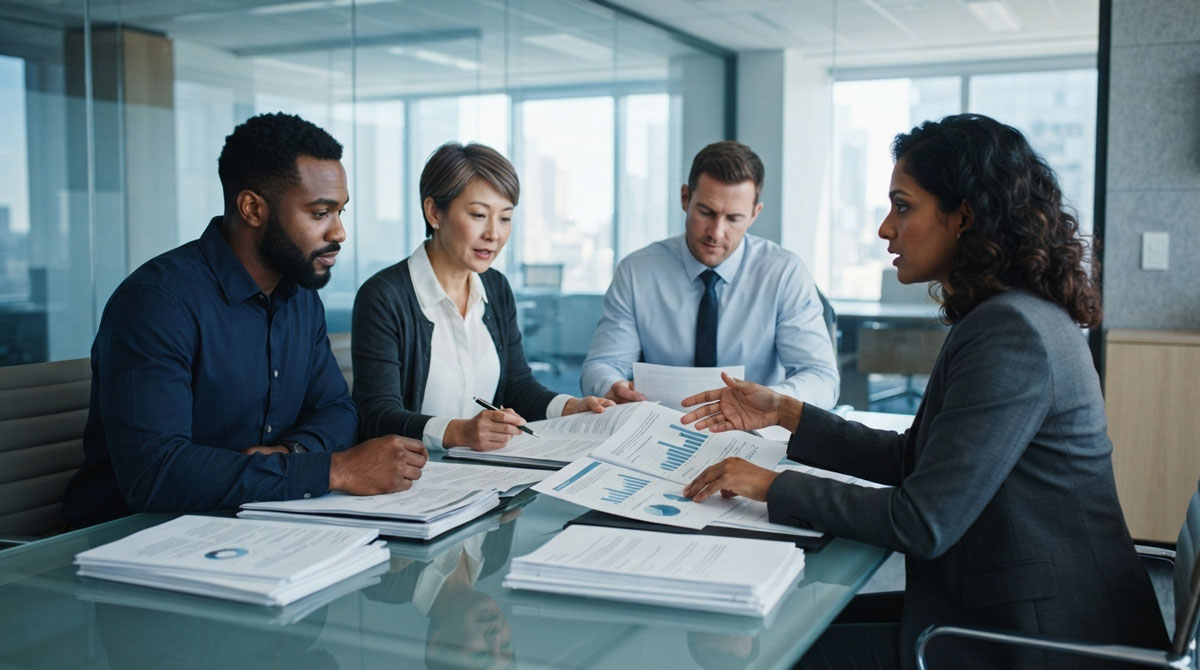 Four colleagues reviewing partner performance reports in a glass meeting room during a channel partner management QBR.