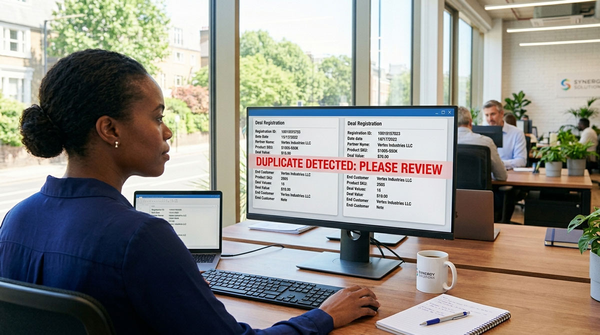Duplicate detection alert flagging two identical deal registration forms for the same end-customer as a channel conflict prevention example in deal registration automation.