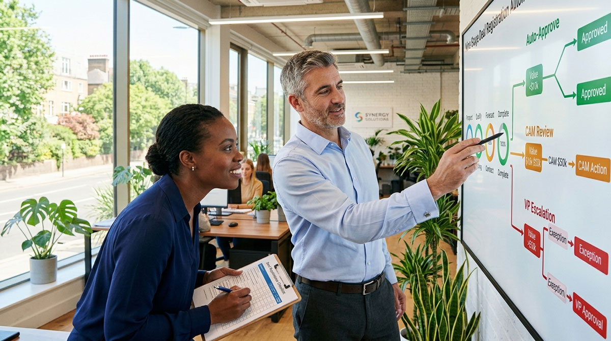 Deal registration automation no-code approval routing workflow builder showing three rule paths — auto-approve, CAM review, and VP escalation — on a touch-screen wall panel.