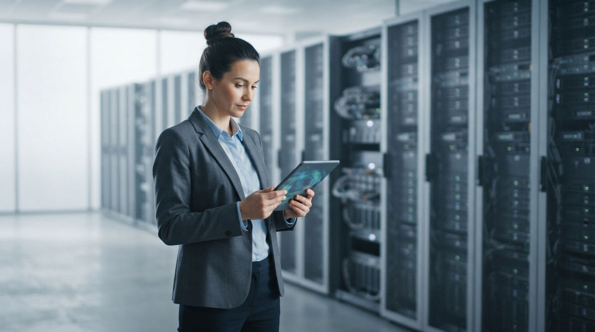Channel manager reviewing partner referral dashboard data in a server operations room.