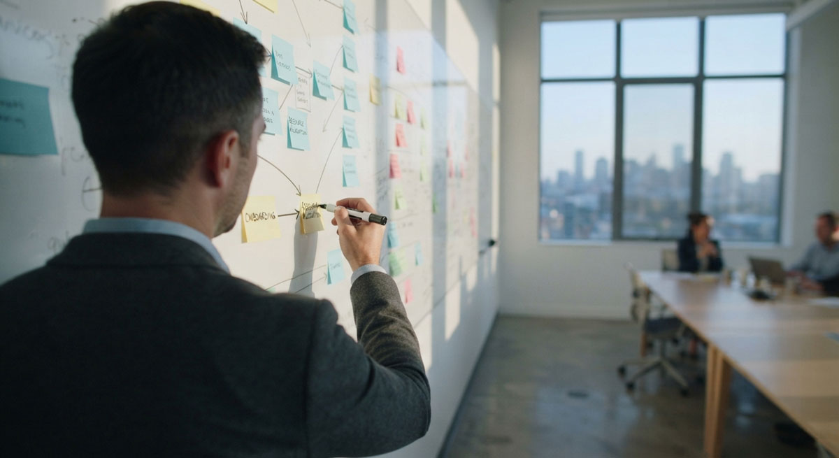 Partner ops manager comparing referral sources on a whiteboard.