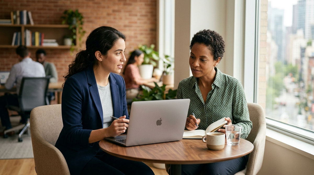 One-on-one partner enablement coaching session with a laptop at a small office table.