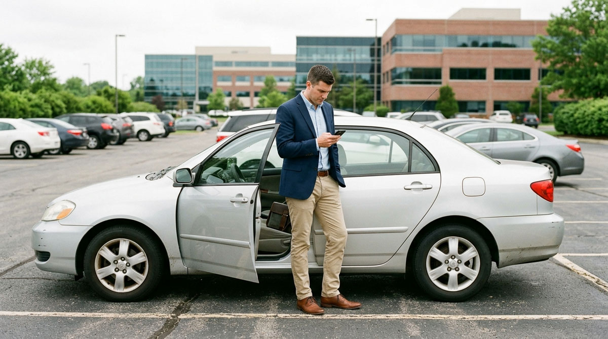 Field sales rep checking a phone beside a car before a client visit, an IC-level partner persona.