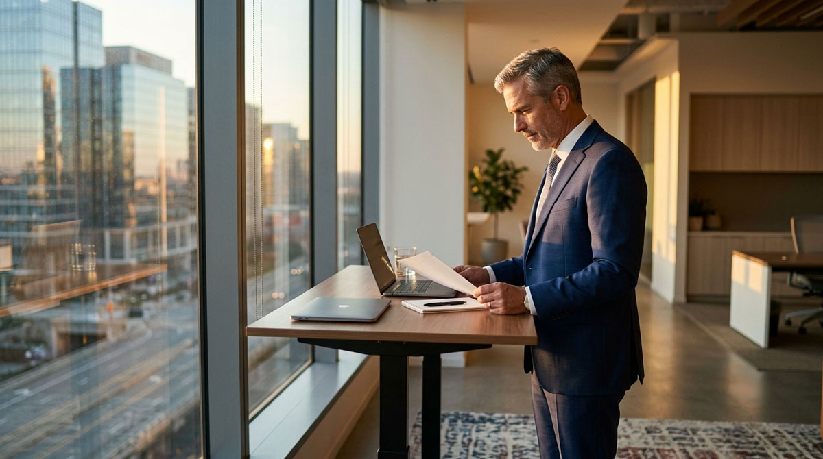 VP-level partner reviewing a concise one-page enablement brief at a standing desk by a window.