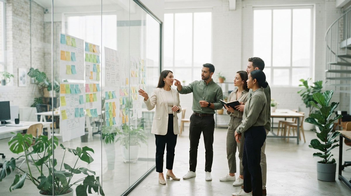 Small team discussing partner engagement results at a sticky-note glass wall in a co-working loft.