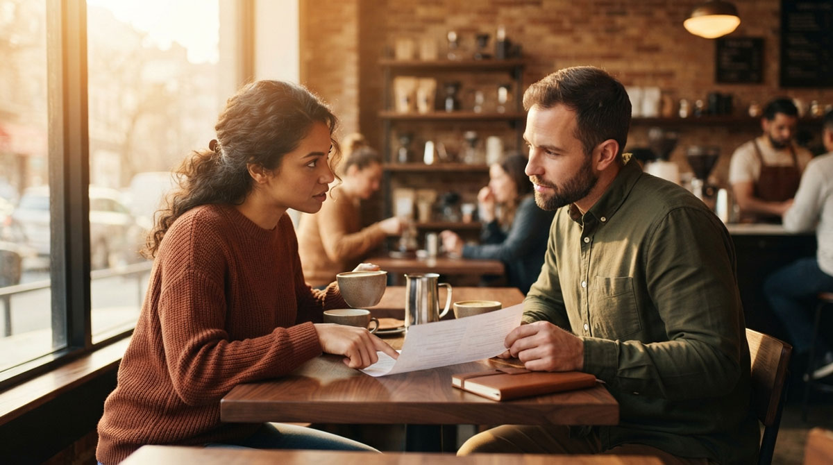 Two colleagues reviewing a partner onboarding software shortlist over coffee in a sunlit cafe.