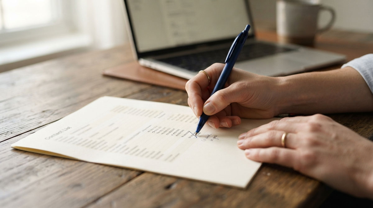 Hands annotating a printed partner contact list at a wooden desk to route a warm partner referral.