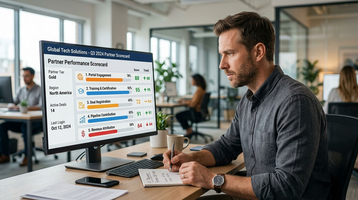 Channel account manager reviewing a partner performance analytics scorecard with engagement, certification, deal registration, and revenue KPI metrics on a PRM dashboard.