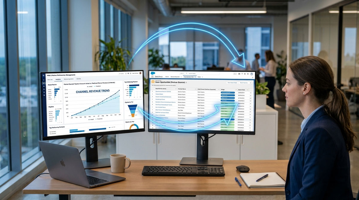 Partner performance analytics revenue forecasting dashboard synced with Salesforce CRM showing partner-sourced pipeline attribution and predicted channel revenue trends.