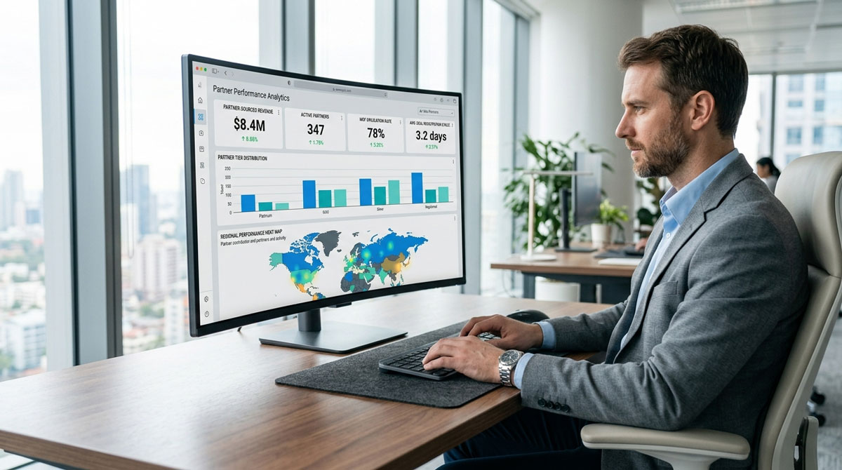 ZINFI partner performance analytics executive dashboard showing partner-sourced revenue, MDF utilization, deal registration cycle time, and regional performance heat map.