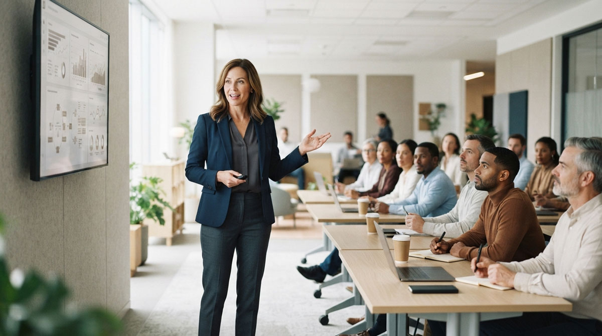 Presenter leading an in-person partner enablement session for channel partners in a bright seminar room.