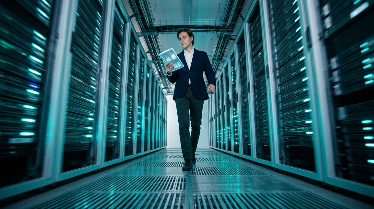 Channel manager evaluating partner portal software on a tablet in a data-center corridor.