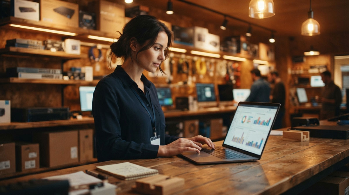 IT reseller checking orders on a laptop at a showroom counter using a partner portal.