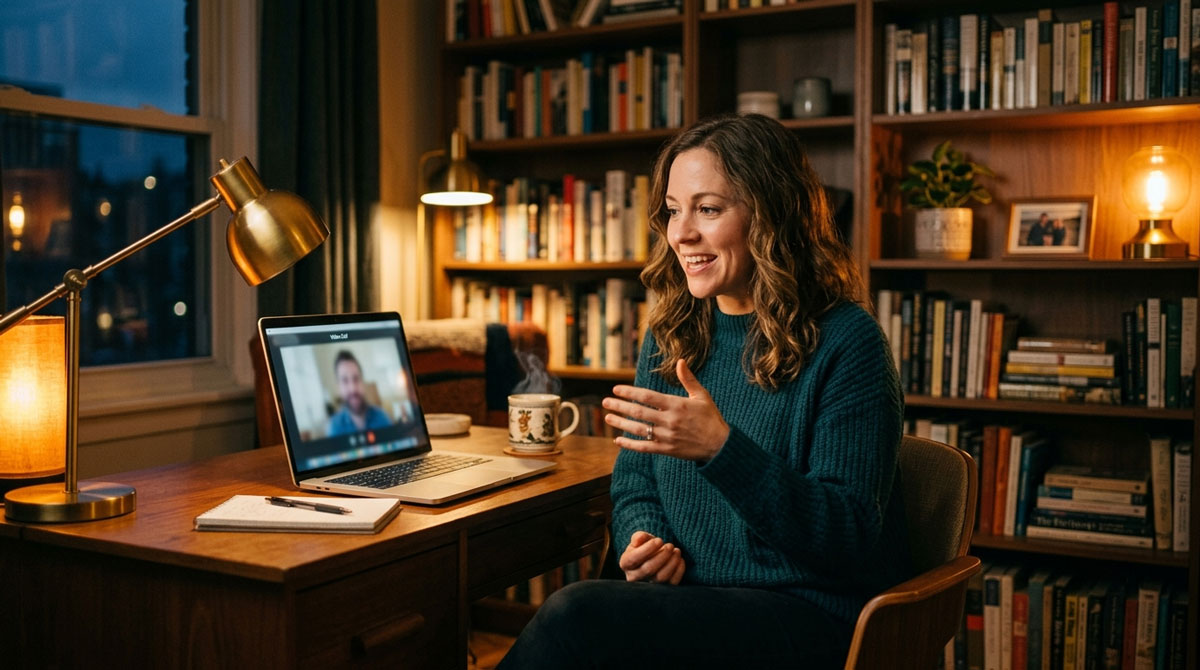 Channel manager on a partner onboarding video call from a warm, lamp-lit home office.