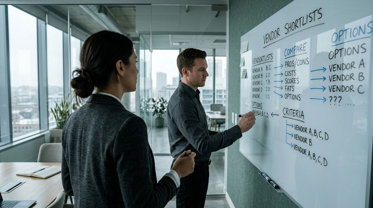 Two colleagues comparing PRM software vendor shortlists on a whiteboard in a glass meeting room.