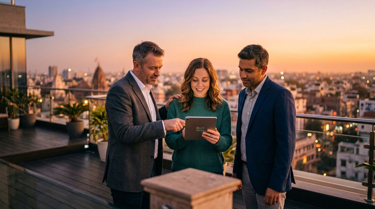 Three executives reviewing partner program scalability results on a rooftop terrace workspace at golden hour.