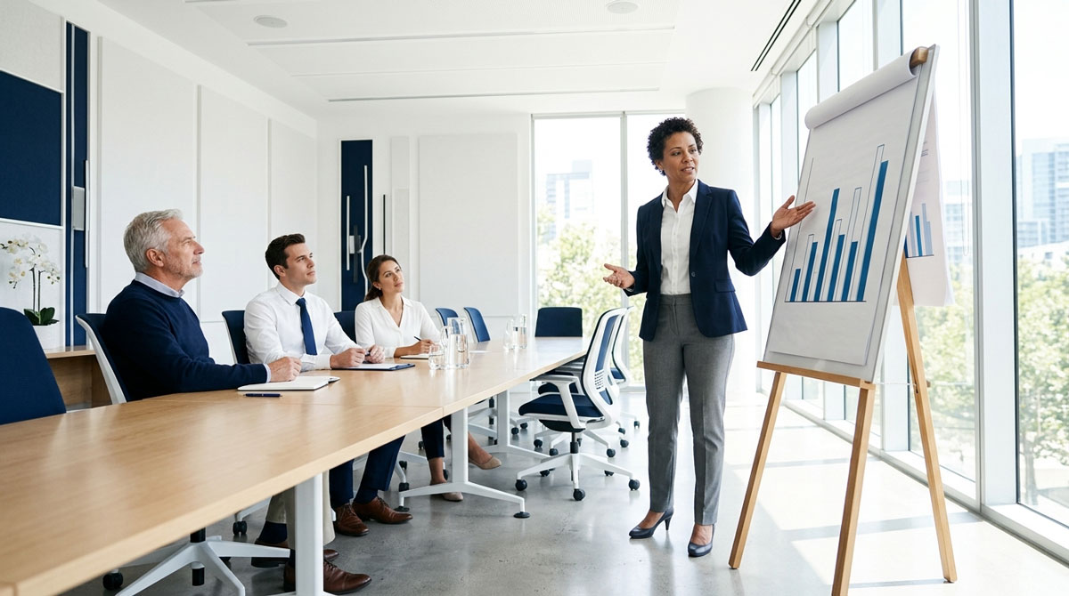Executive presenting partner performance results on a flip chart in a boardroom, part of PRM measurement and reporting.